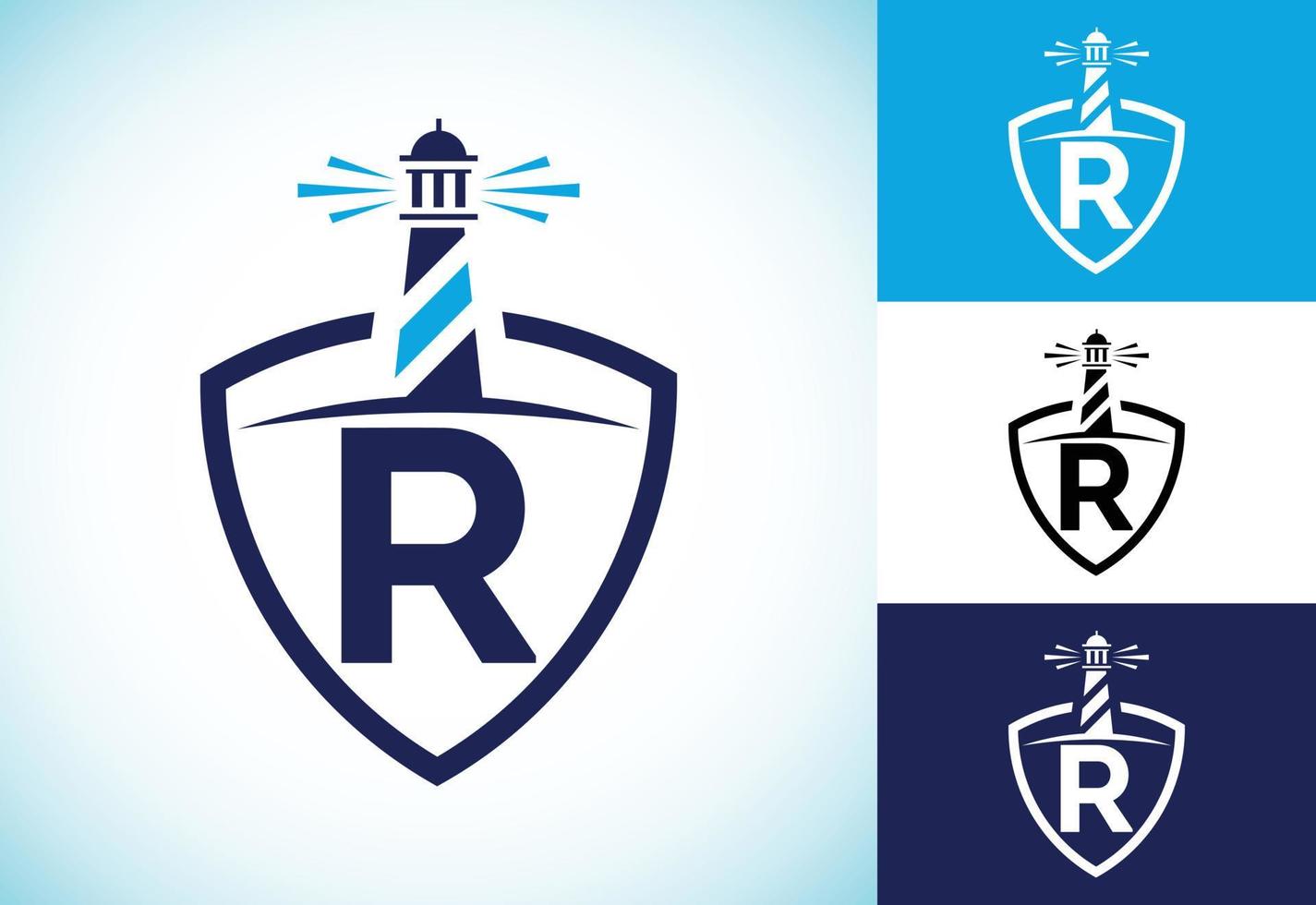 alfabeto inicial del monograma r en un escudo con el faro. logotipo del puerto. emblema de fuente vector