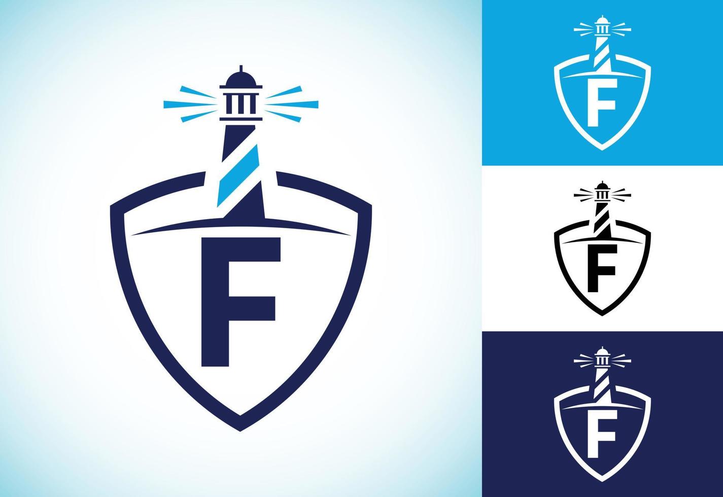 alfabeto inicial del monograma f en un escudo con el faro. logotipo del puerto. emblema de fuente vector