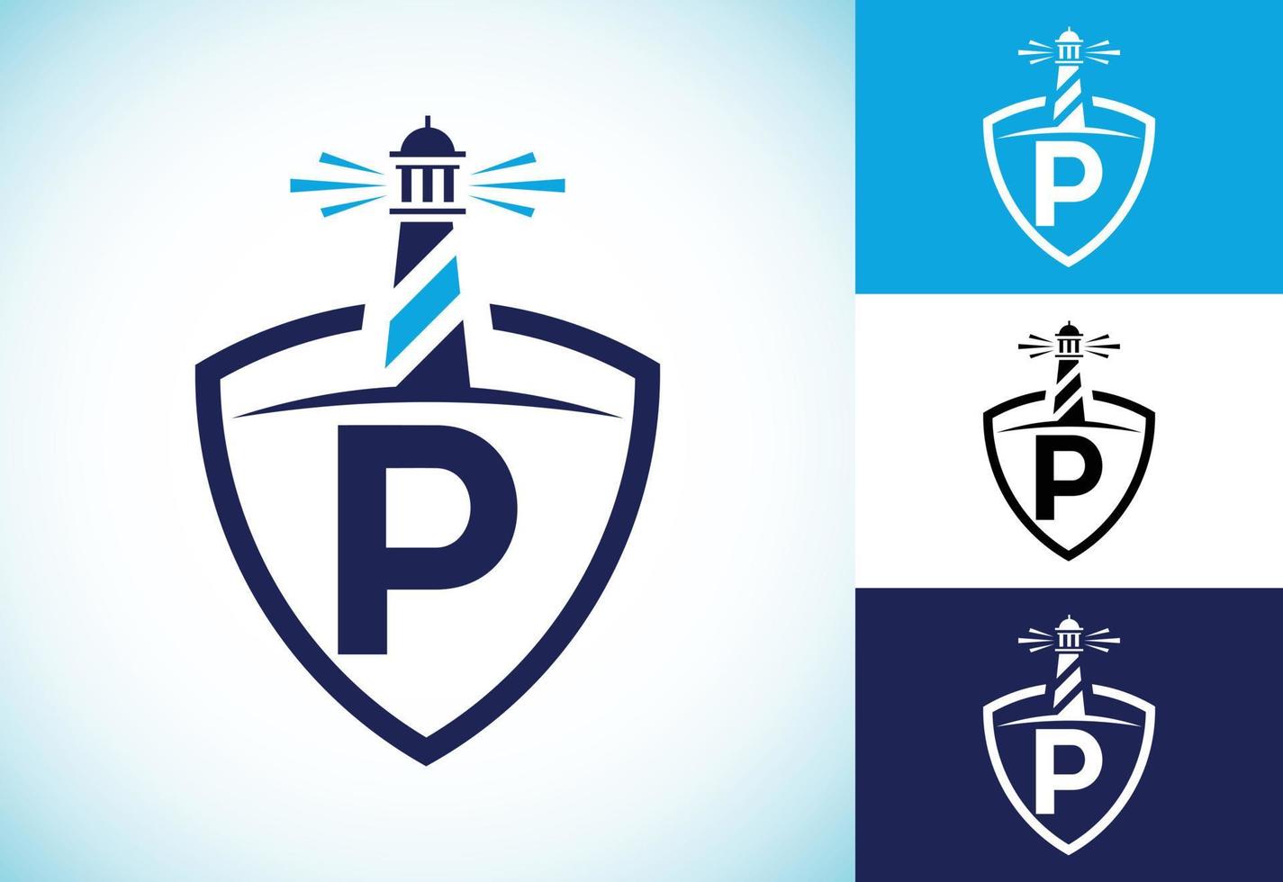 Initial P monogram alphabet in a shield with the lighthouse. Harbor logo. Font emblem vector