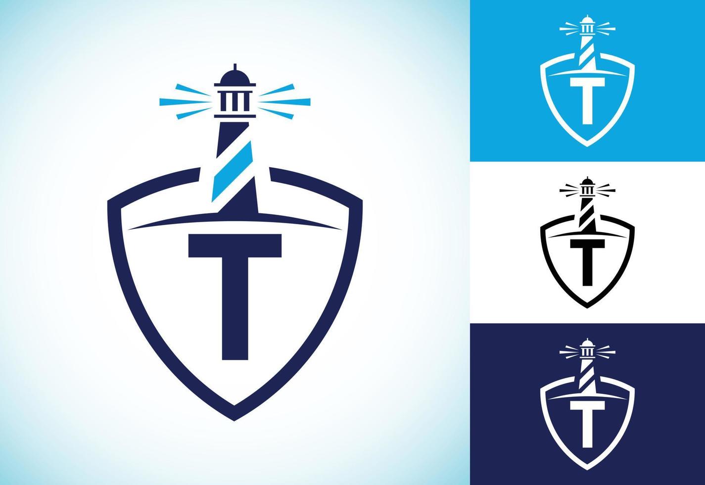 Initial T monogram alphabet in a shield with the lighthouse. Harbor logo. Font emblem vector