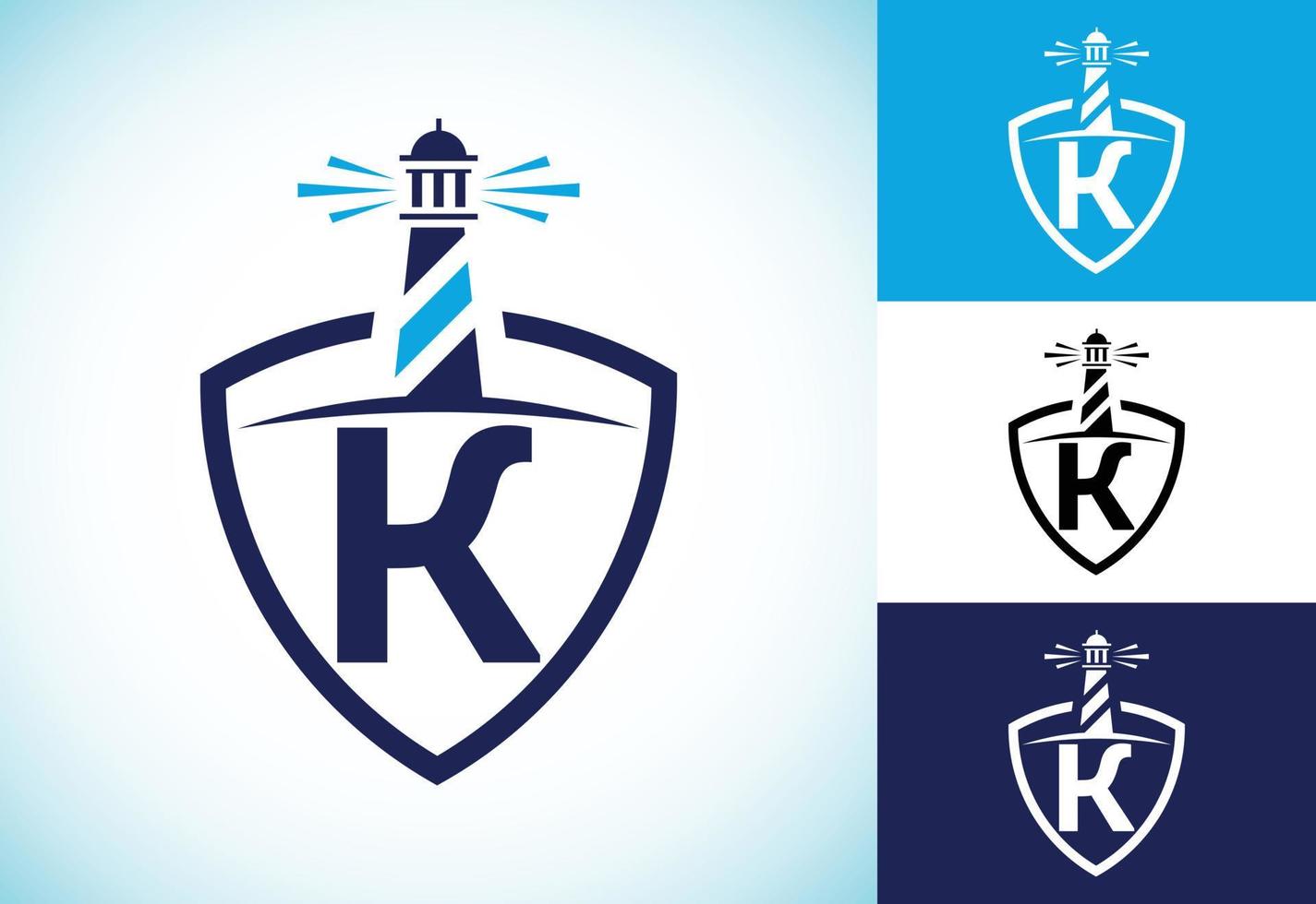 alfabeto inicial del monograma k en un escudo con el faro. logotipo del puerto. emblema de fuente vector