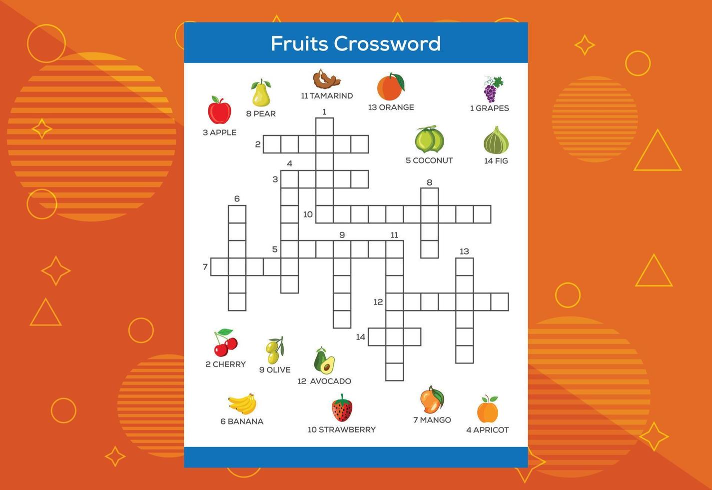 Crucigrama de frutas para niños. juego educativo para niños. hoja de trabajo para niños en edad preescolar vector