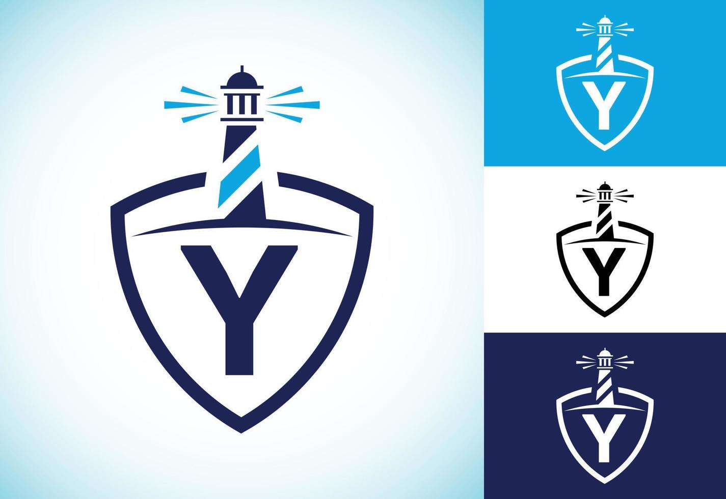 Initial Y monogram alphabet in a shield with the lighthouse. Harbor logo. Font emblem vector