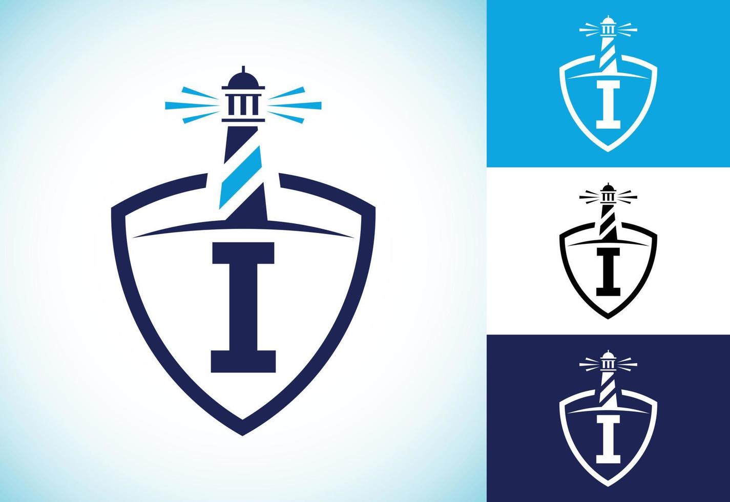 Initial I monogram alphabet in a shield with the lighthouse. Harbor logo. Font emblem vector