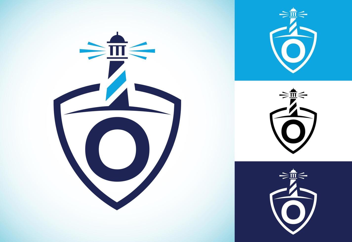 Initial O monogram alphabet in a shield with the lighthouse. Harbor logo. Font emblem vector