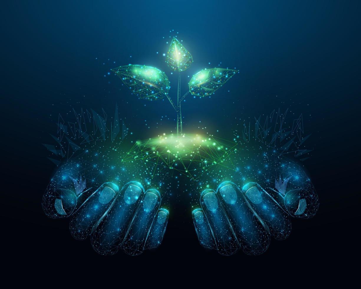 Two human hands are holds green sprout. Glowing low poly hands and plant on dark blue background. Wireframe low poly design. Abstract futuristic vector illustration