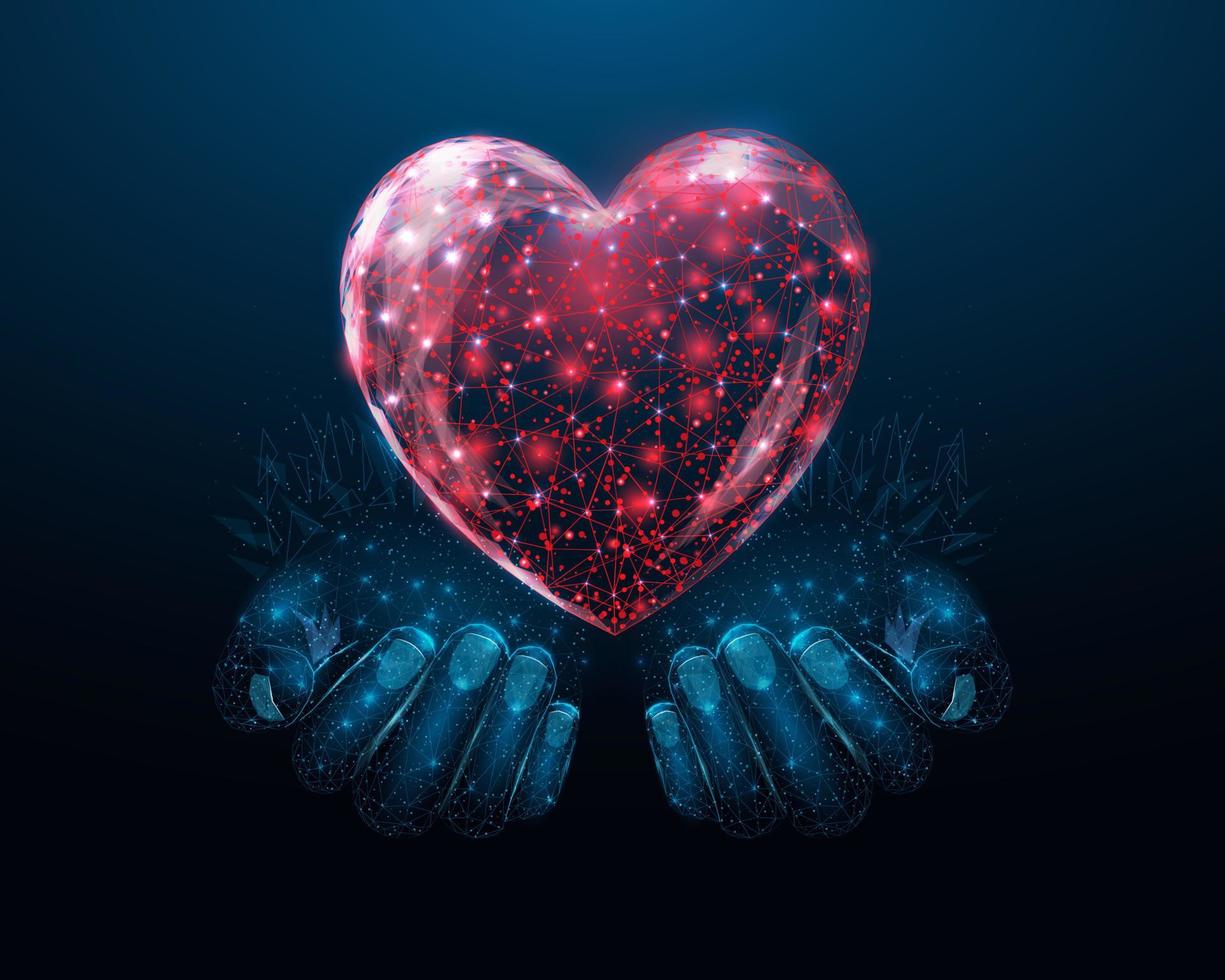 Two human hands are holds heart. Wireframe glowing low poly heart ...