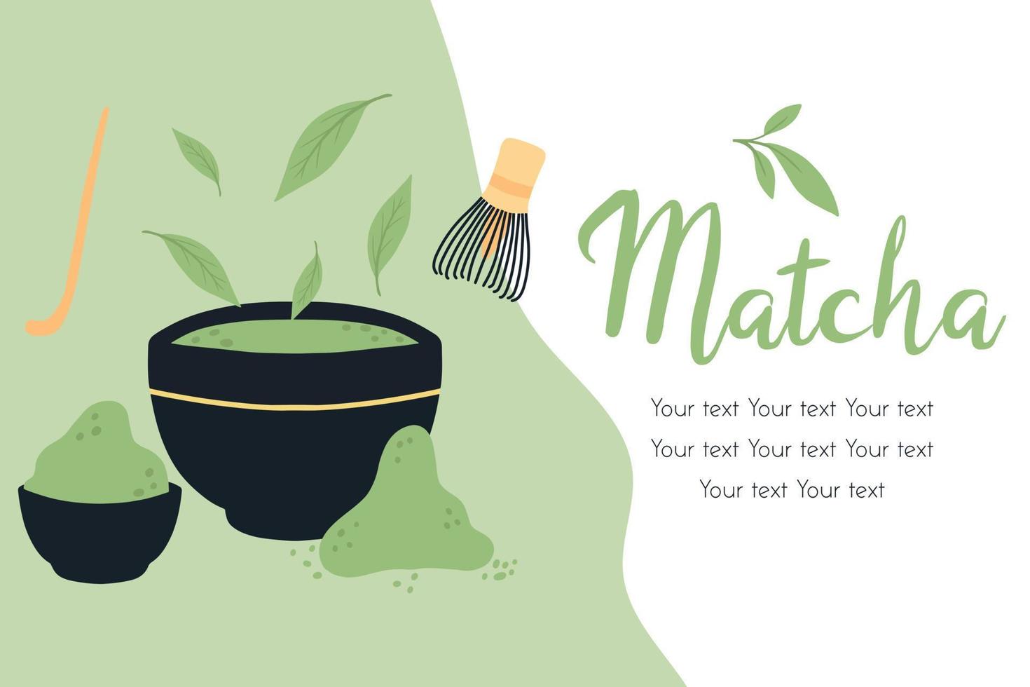 volante con té matcha. ilustración vectorial con té verde. taza con matcha latte. cartel con taza de matcha verde. vector