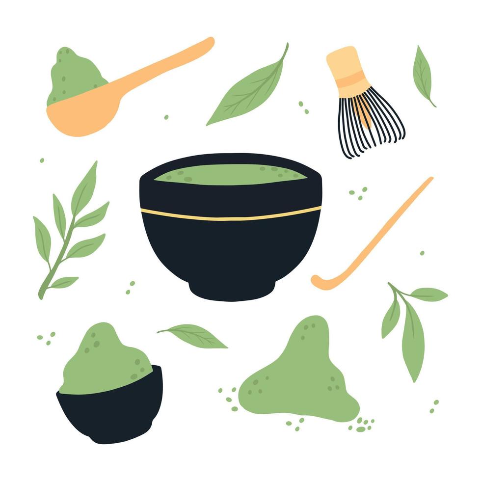 Matcha tea. Mug with matcha and green tea leaves. Vector illustration. Natural green tea.