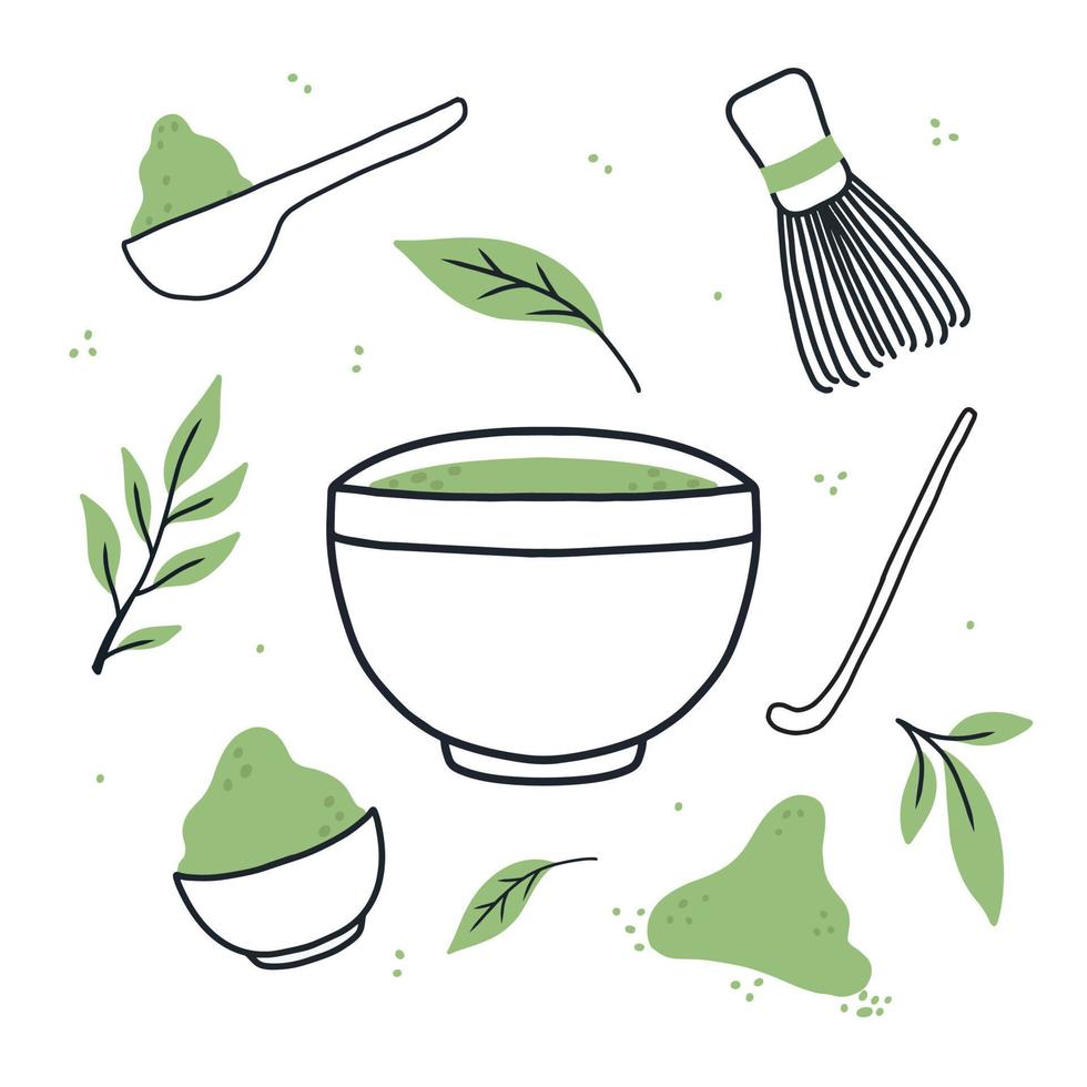 Matcha tea. Mug with matcha and green tea leaves. Vector illustration. Natural green tea.