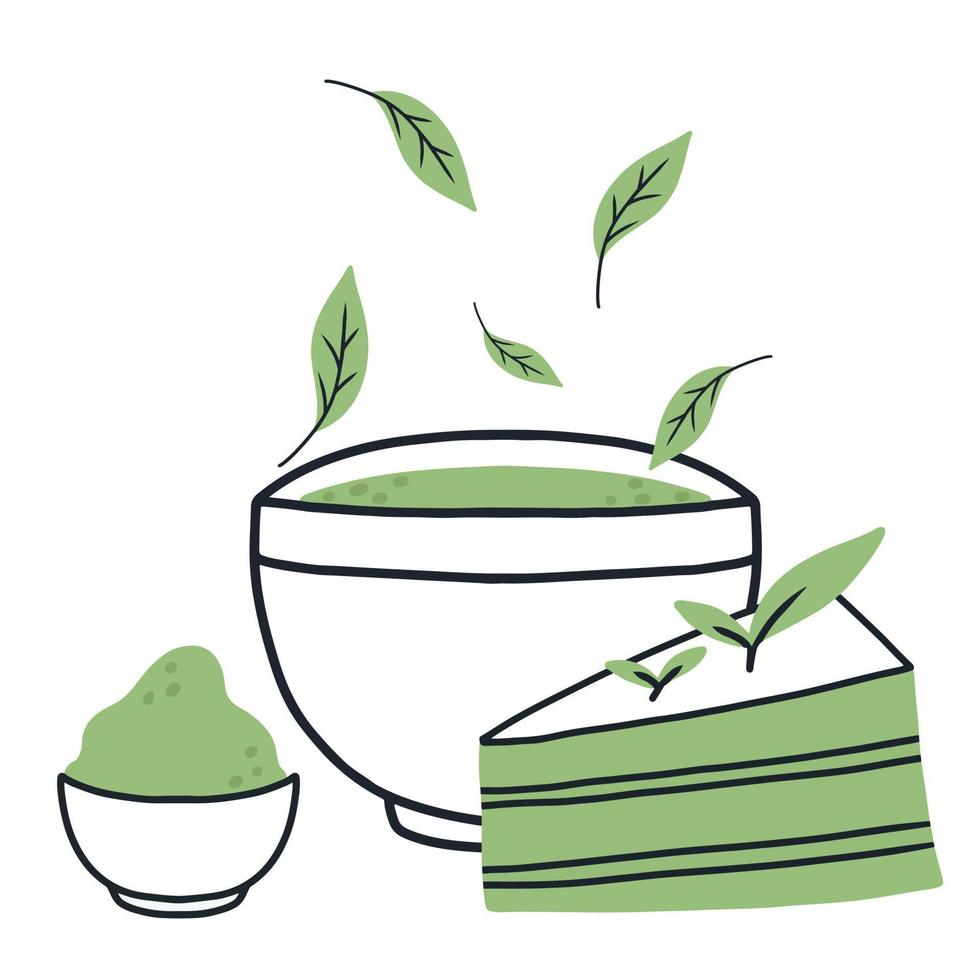 Matcha tea. Mug with matcha and green tea leaves. Vector illustration. Natural green tea.