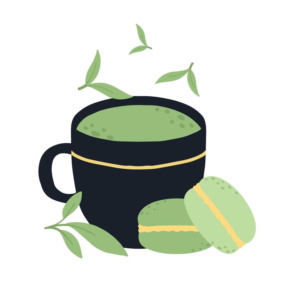 Matcha tea. Mug with matcha and green tea leaves. Vector illustration. Natural green tea.