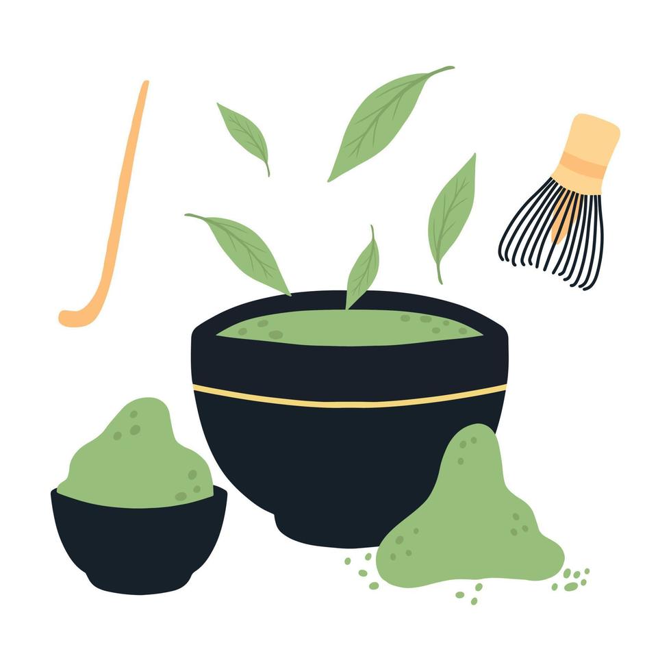 te matcha taza con matcha y hojas de té verde. ilustración vectorial té verde natural. vector