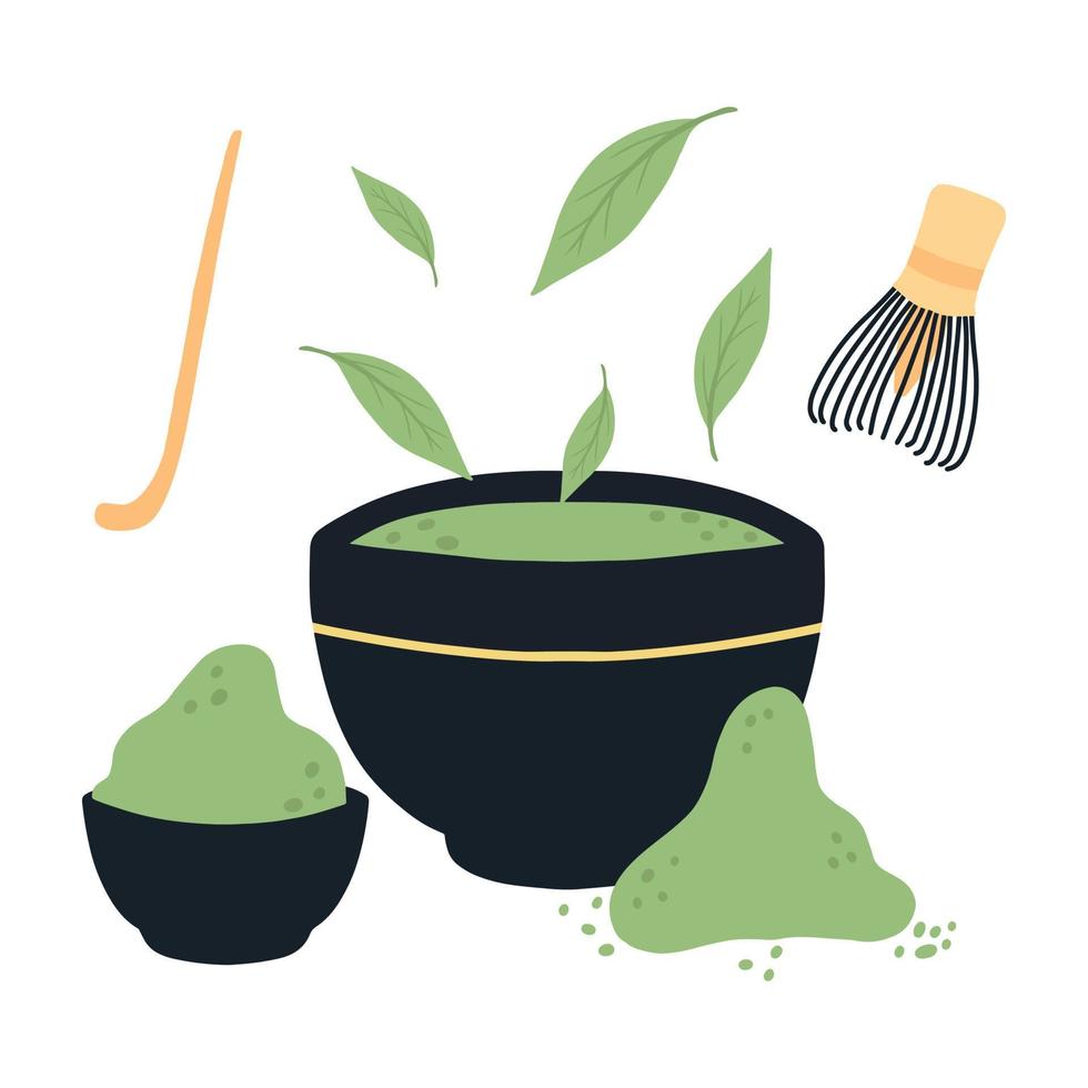 Matcha tea. Mug with matcha and green tea leaves. Vector illustration. Natural green tea.