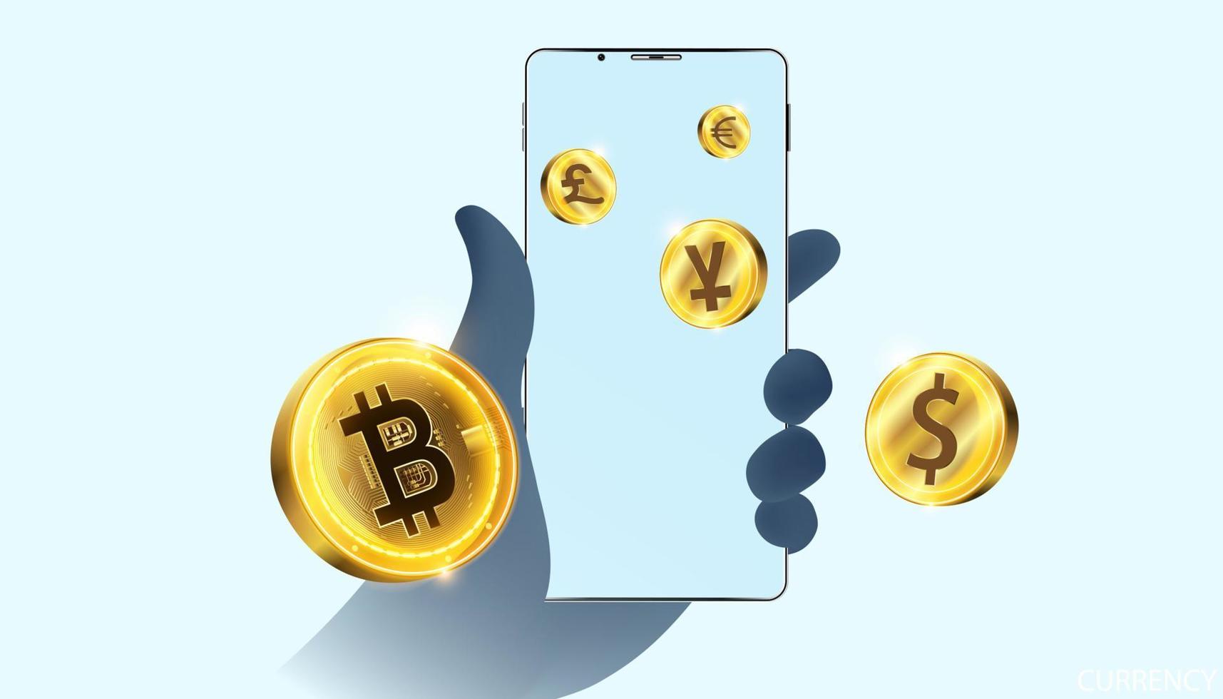 Abstract hand holding phone bitcoin technology cryptocurrency and fintech phone buy and sell crypto operations Connect block, data transmission, new technology system, Vector illustration.