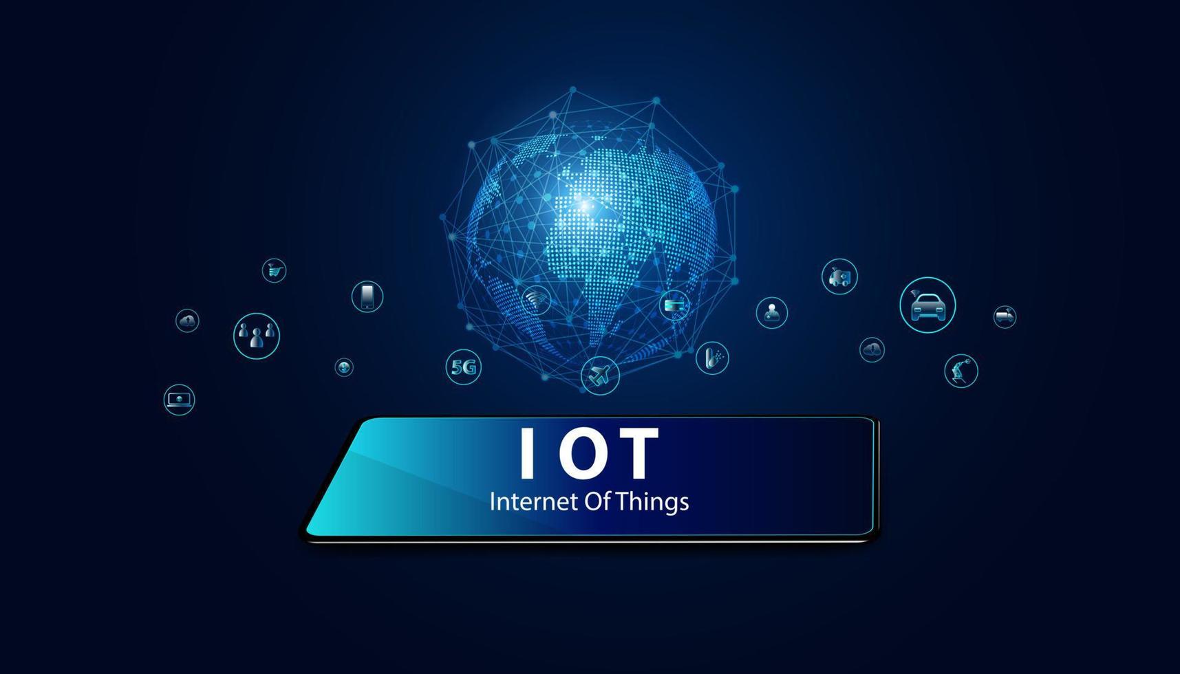 Abstract Internet of things Concept phone and world 5G.IoT Internet of Things communication network Innovation Technology Concept Icon. Connect wireless devices and networking Innovation Technology. vector