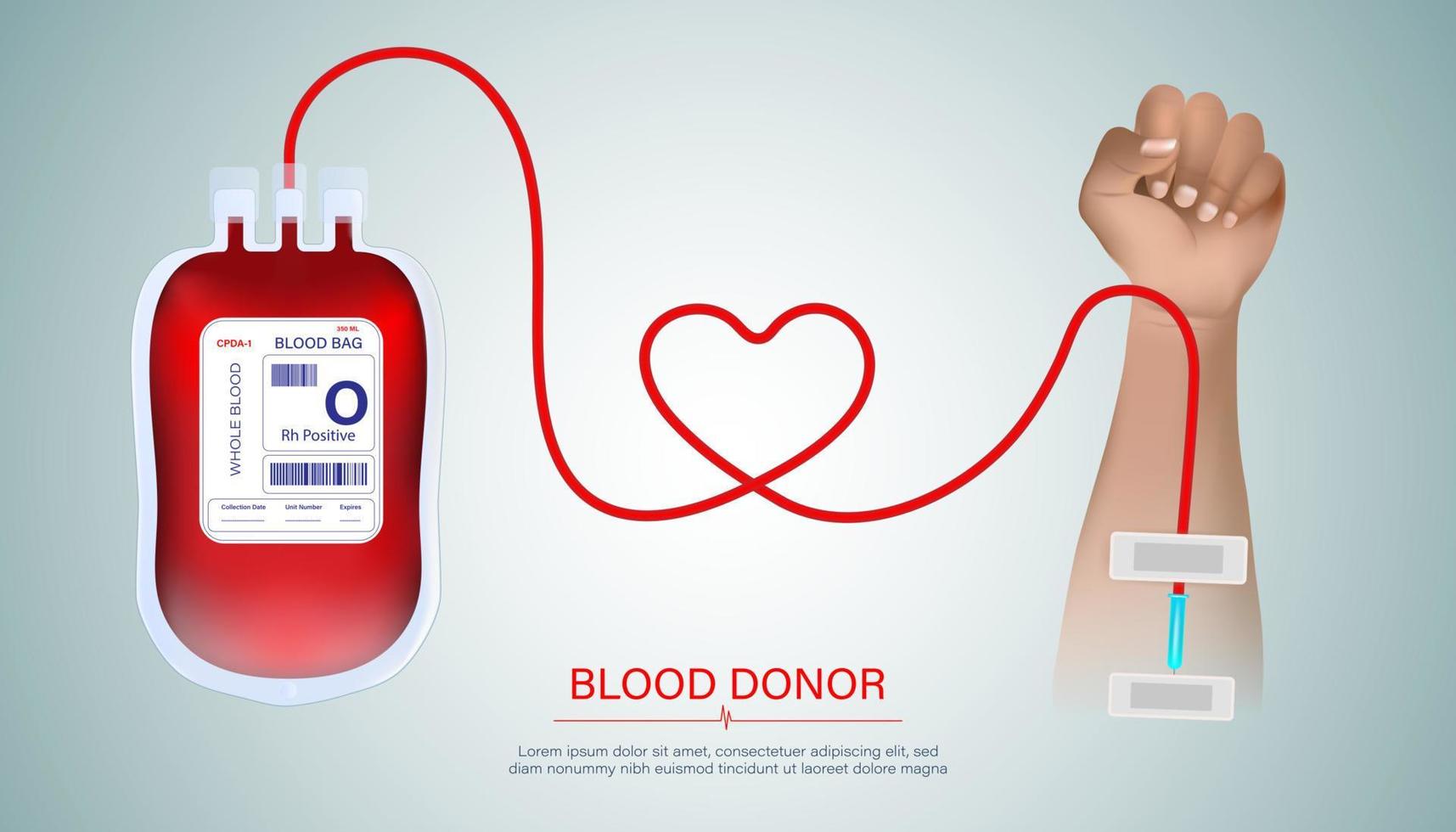 Abstract arms and blood bags for blood donation concept, heart-shaped blood collection line. and for world blood donors on June 14 on a white and gray background vector