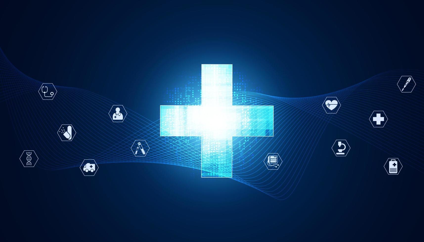 abstract health plus symbol with icons background concept health icons on blue background modern futuristic medical treatment disease vector