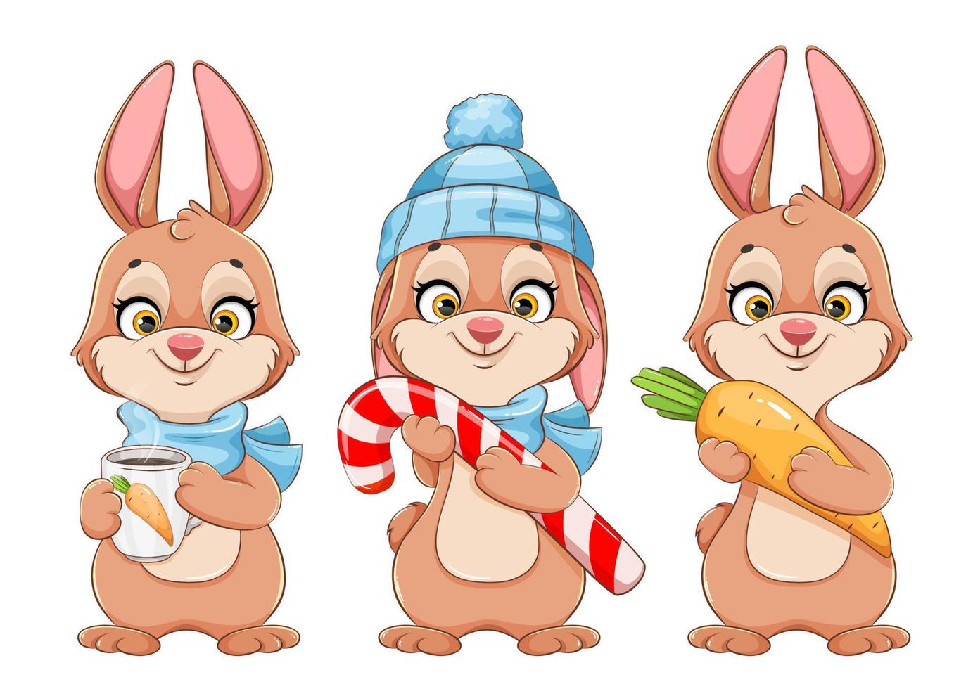 Rabbit cartoon character, set of three poses vector