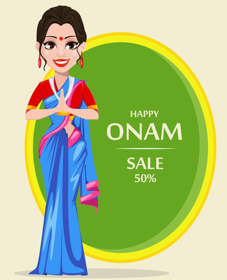 Beautiful Indian woman. Happy Onam vector