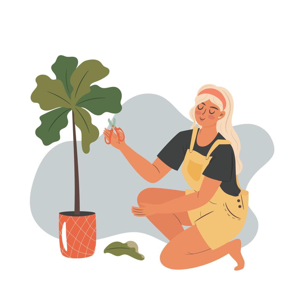 Girl taking care of a plant vector