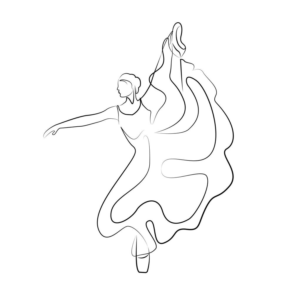 boceto de una mujer en un vestido pose de ballet bailarina gimnasta arte lineal arte continuo icono niña aislada en blanco vector