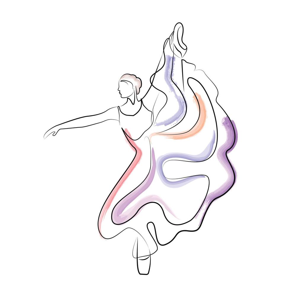 boceto de una mujer en un vestido pose de ballet bailarina arte lineal arte continuo acuarela icono niña vector