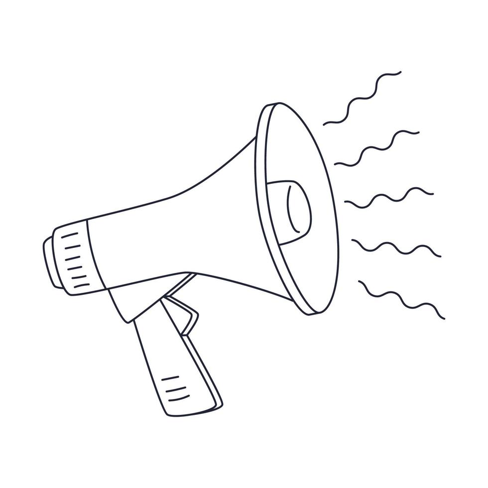 Megaphone Speaker, an audio horn. Outline doodle. Black and white vector illustration isolated on white background