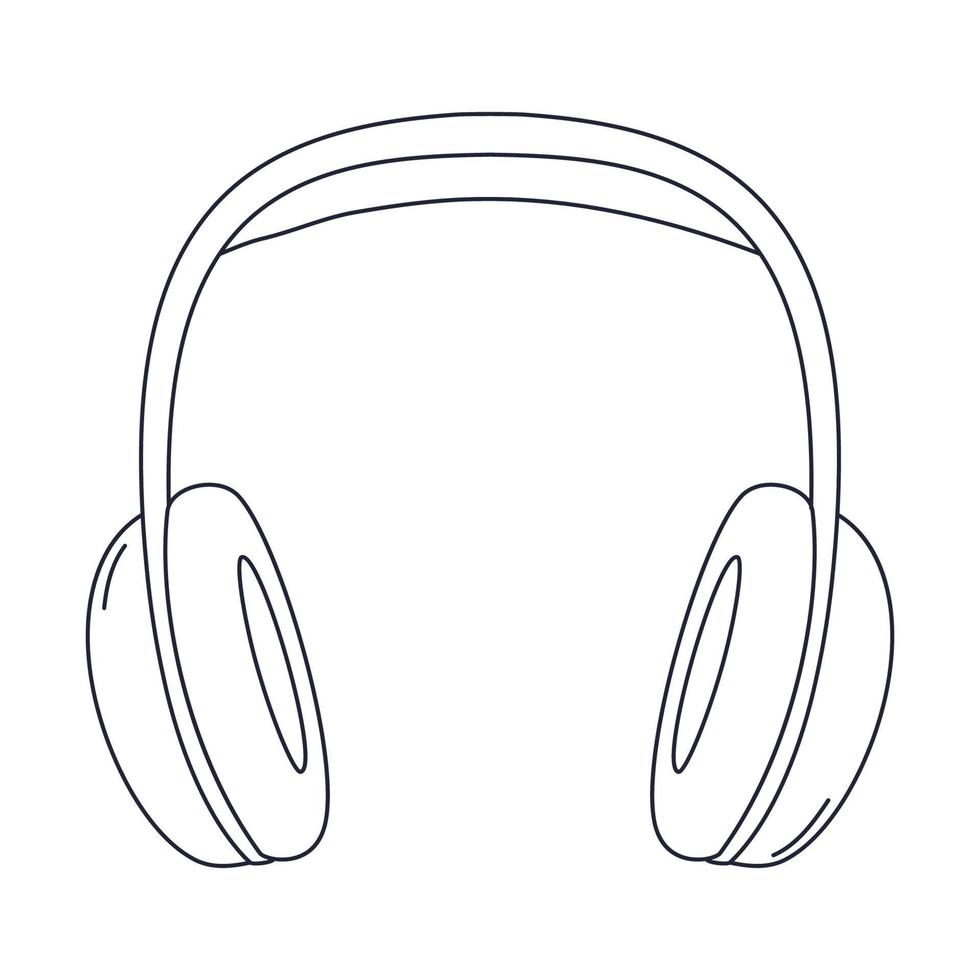 Contornee los auriculares de estudio profesionales sobre la oreja con almohadillas grandes para los oídos. equipo para podcasting, aprendizaje en línea, escuchar música. ilustración de vector blanco negro lineal aislado sobre fondo blanco.