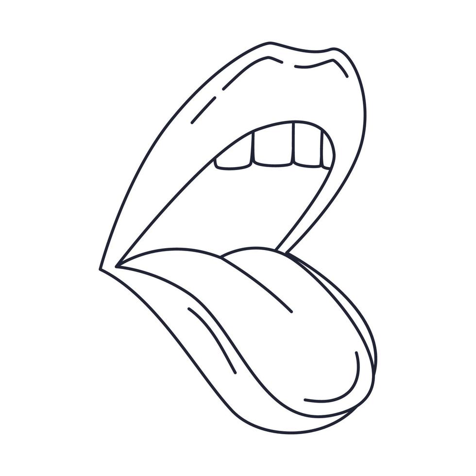 mujer hablando, cantando o gritando boca abierta. muestra la lengua. labios humanos garabato de contorno. ilustración vectorial en blanco y negro aislada sobre fondo blanco vector