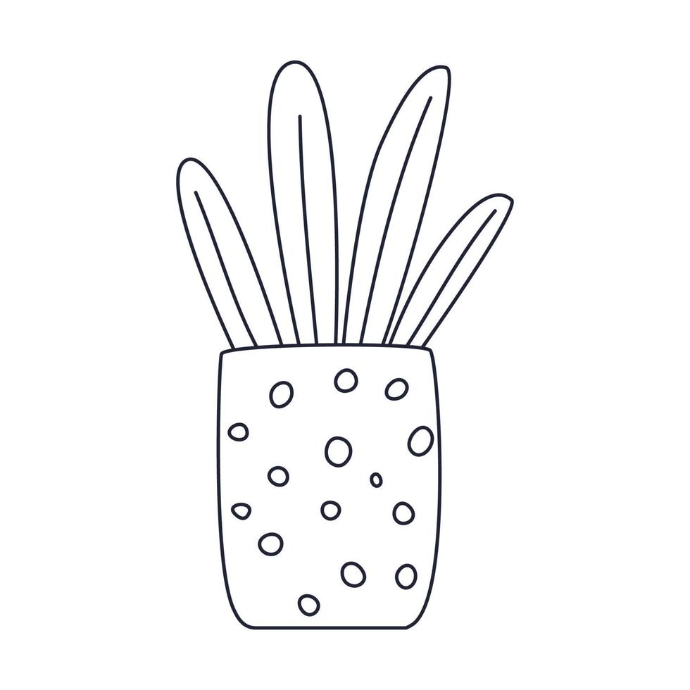 A simple house plant in a pot. Outline doodle. Black and white vector illustration isolated on white background