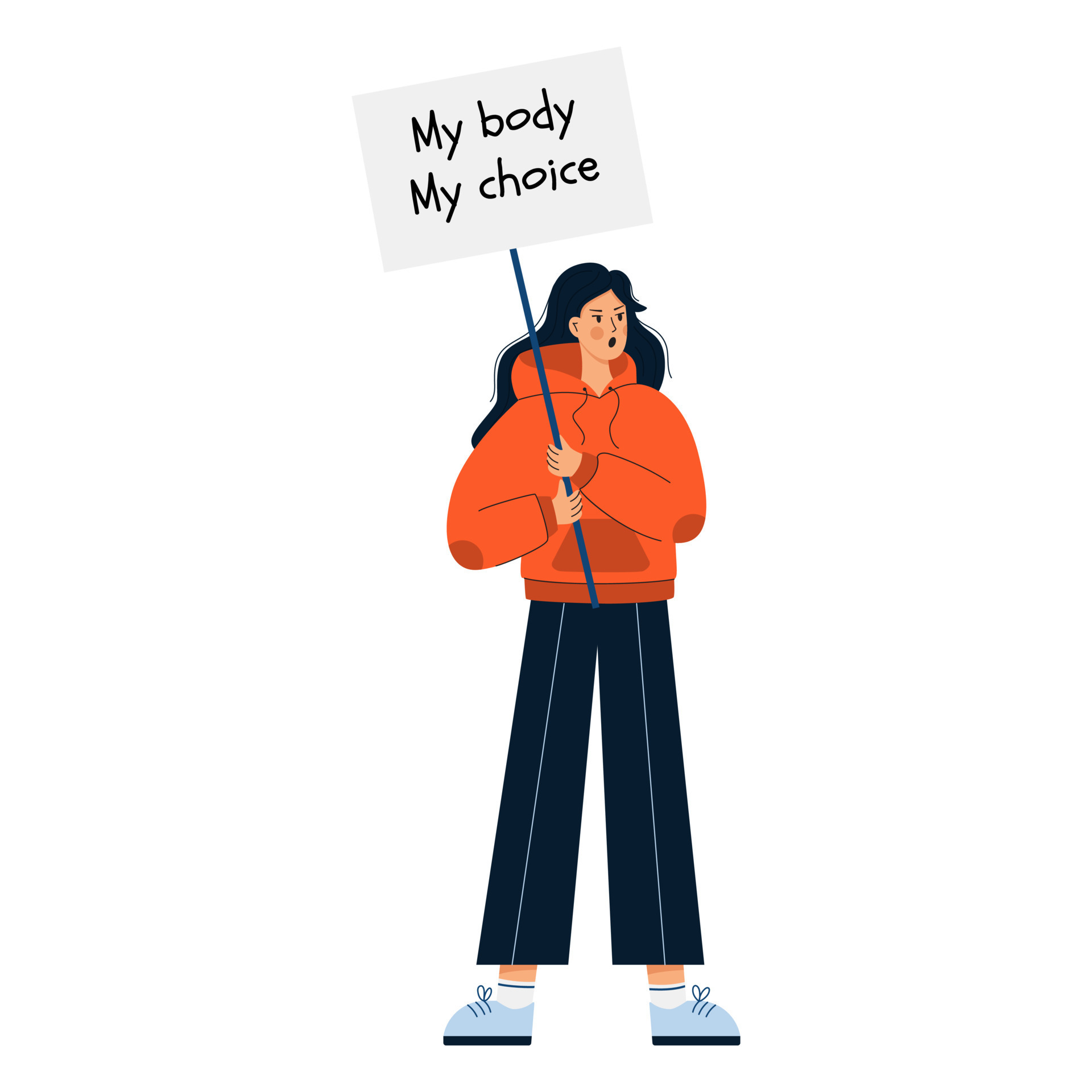 A young dark-haired girl in a hoodie holds a sign My body my choice