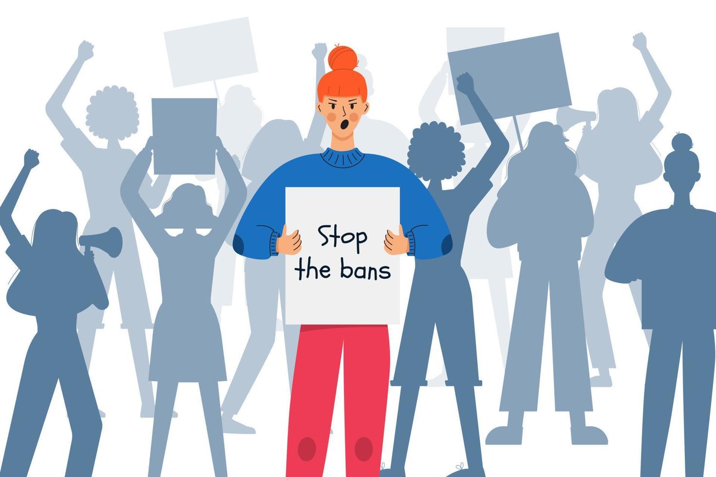 A young red-haired girl with a poster - Stop the ban. Silhouettes of protesting women. Defending their rights to abortion. Females March against abortion ban. Rally demonstration. Vector illustration.