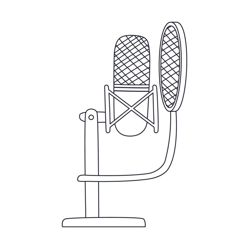 Outline professional studio microphone with pop filter on stand. Musical audio equipment for podcasting, singing. Linear doodle vector illustration isolated on white background.