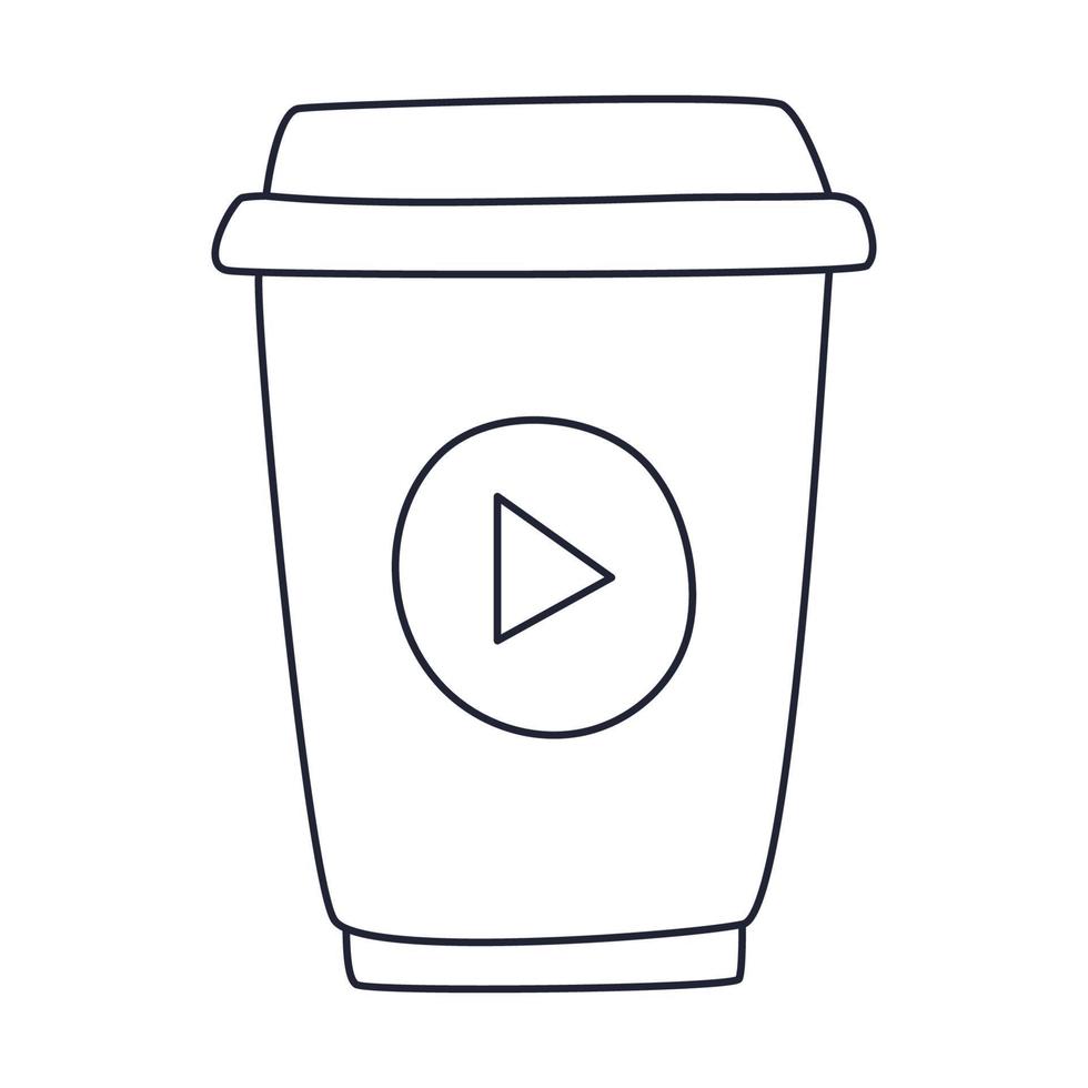 A paper cup of coffee to take away. Hot drink. Outline doodle. Black and white vector illustration isolated on white background