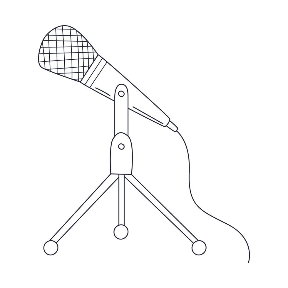 Outline wired professional studio microphone on stand. Musical audio equipment for podcasting, singing, karaoke. Linear doodle black and white vector illustration isolated on white background.