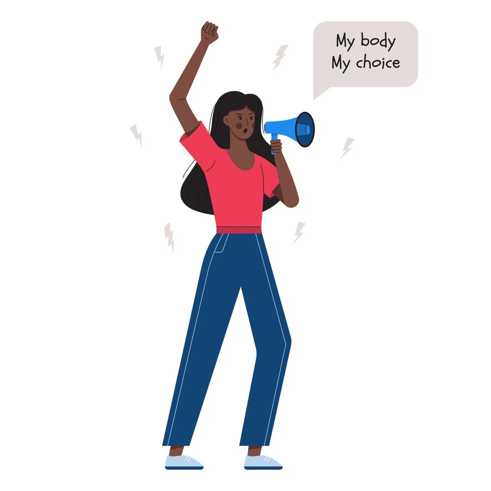 A young dark-skinned girl holds a megaphone in her hands. A speech bubble with words My body my choice. Women's fighting for abortion rights. Protest against abortion ban. Vector illustration on white