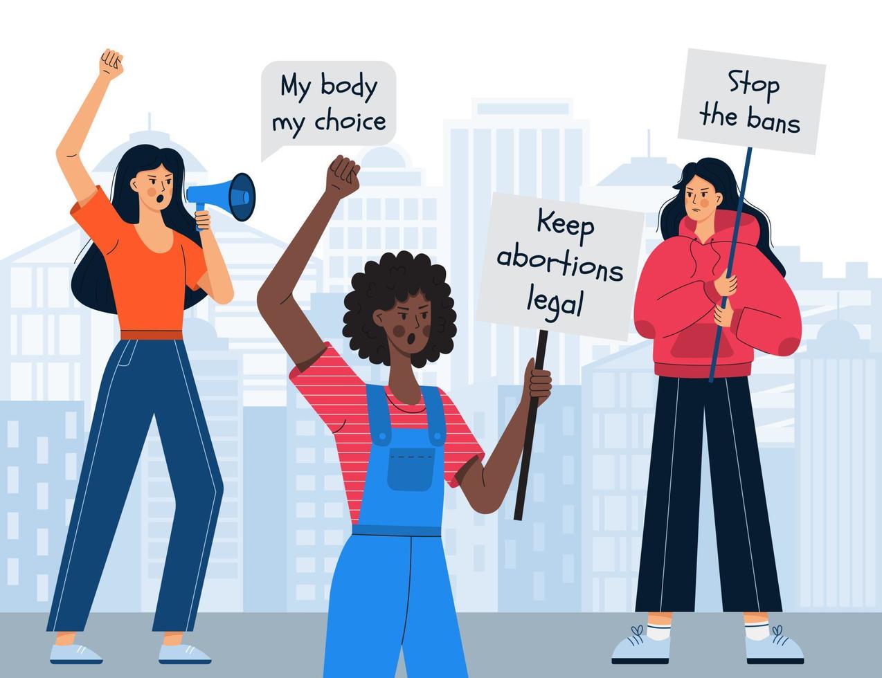 A group of young protesting girls protecting their rights hold signs with the words Keep abortions legal. Women's protest march against abortion ban. Rally demonstration. Vector illustration.