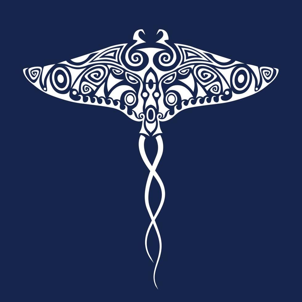 Manta ray illustration in Maori style. Ornament for divers. White on blue background. vector