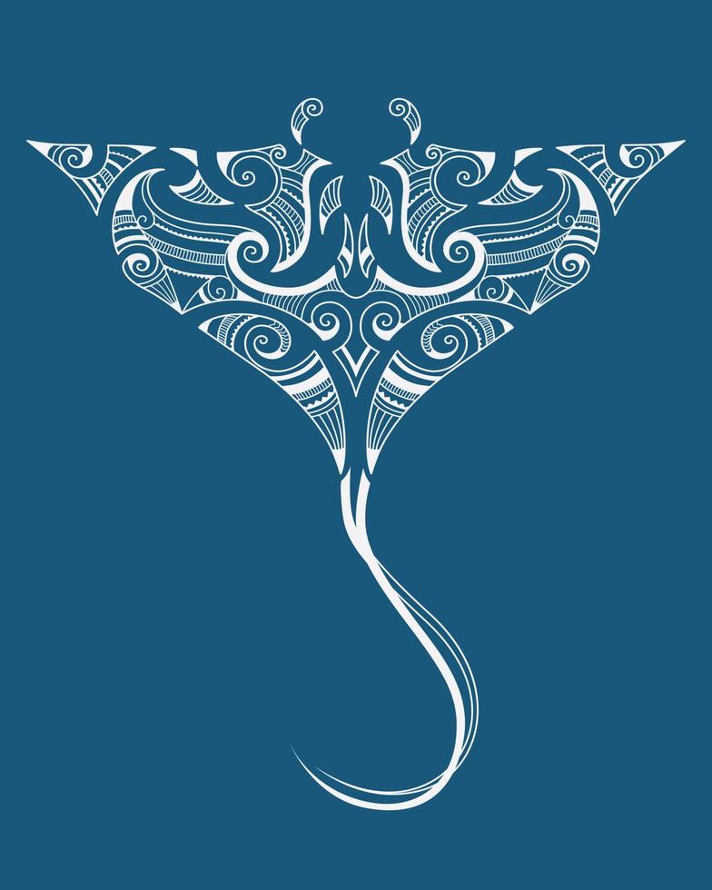 Manta ray illustration in Maori style. Ornament for divers. White on blue background. vector