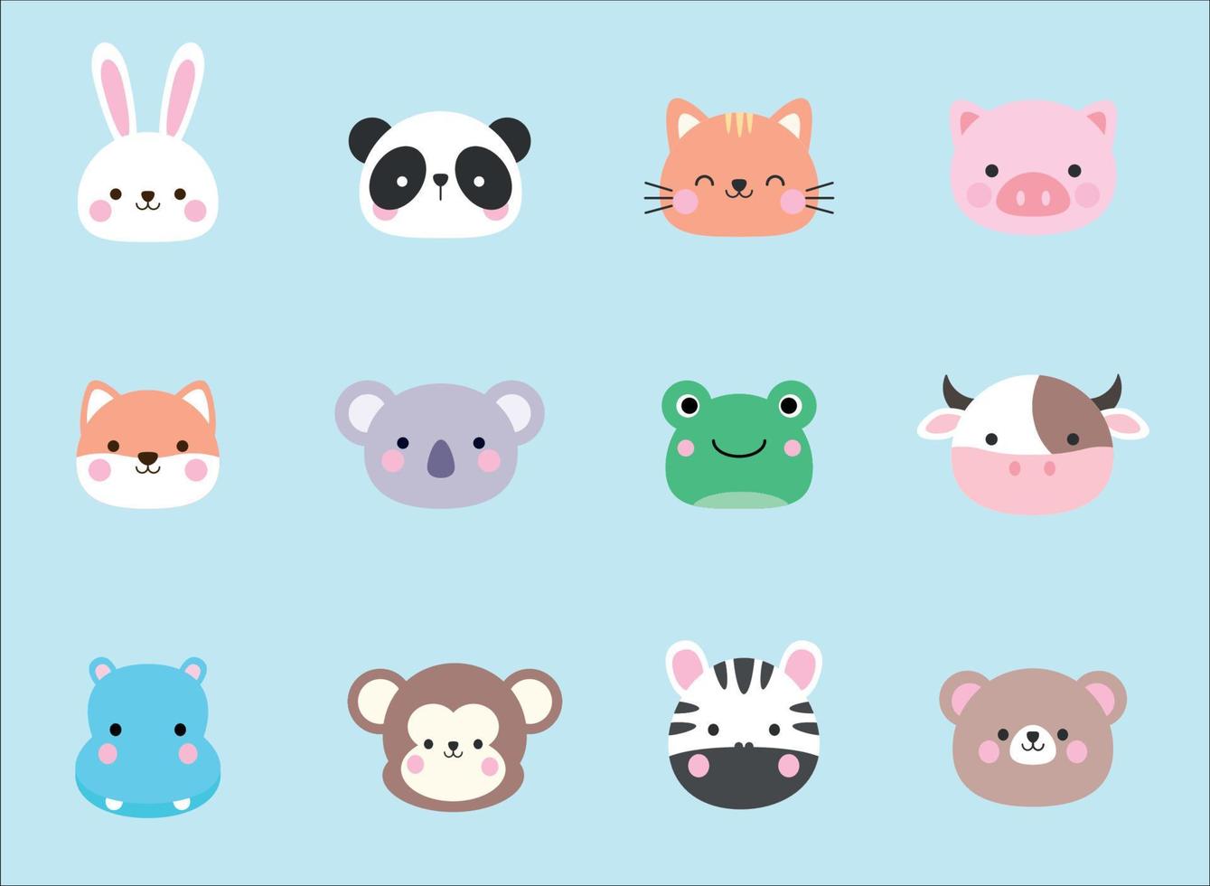 Set of cute animal face illustration. vector