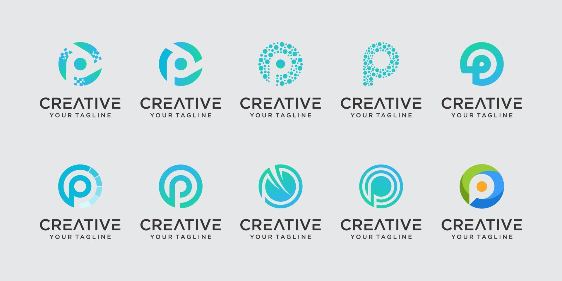 conjunto de plantilla de logotipo de letra p inicial abstracta. iconos para negocios de moda, digital, tecnología vector