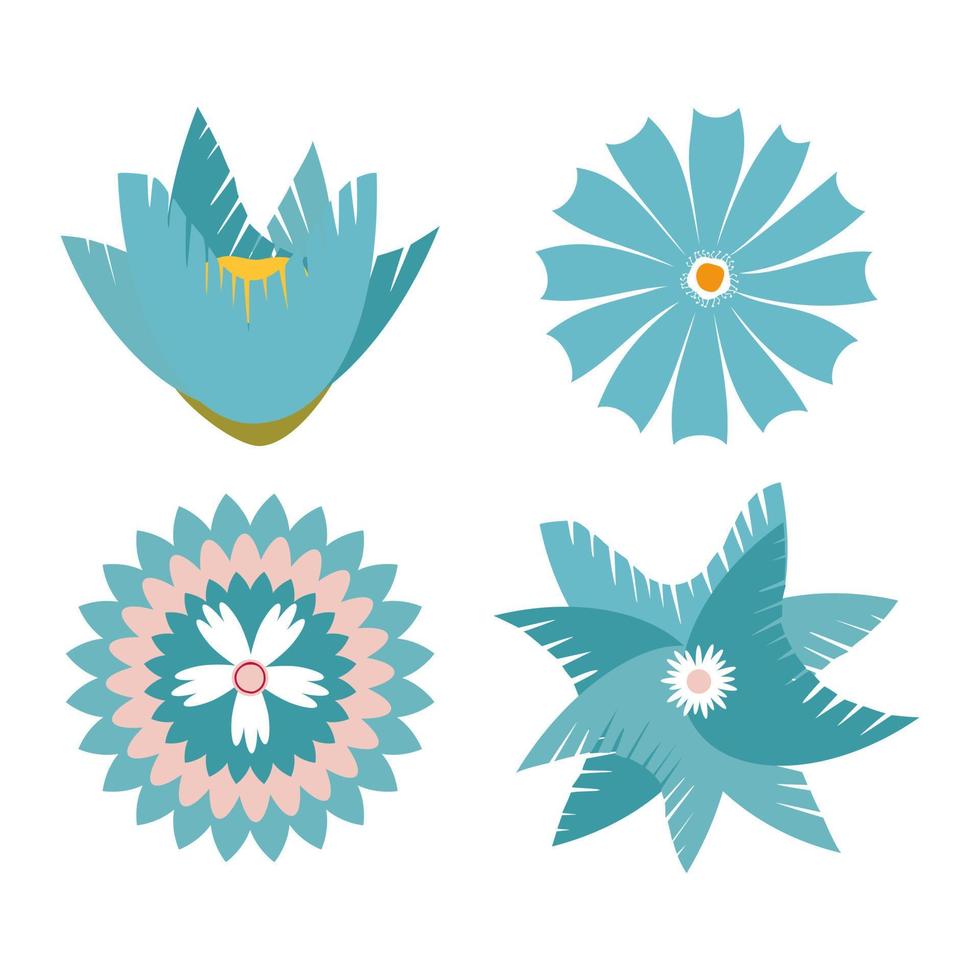 Set of flat blue turquoise flower icons in silhouette isolated on white. Vector illustrationSet of flat blue turquoise flower icons in silhouette isolated on white. Cute retro design