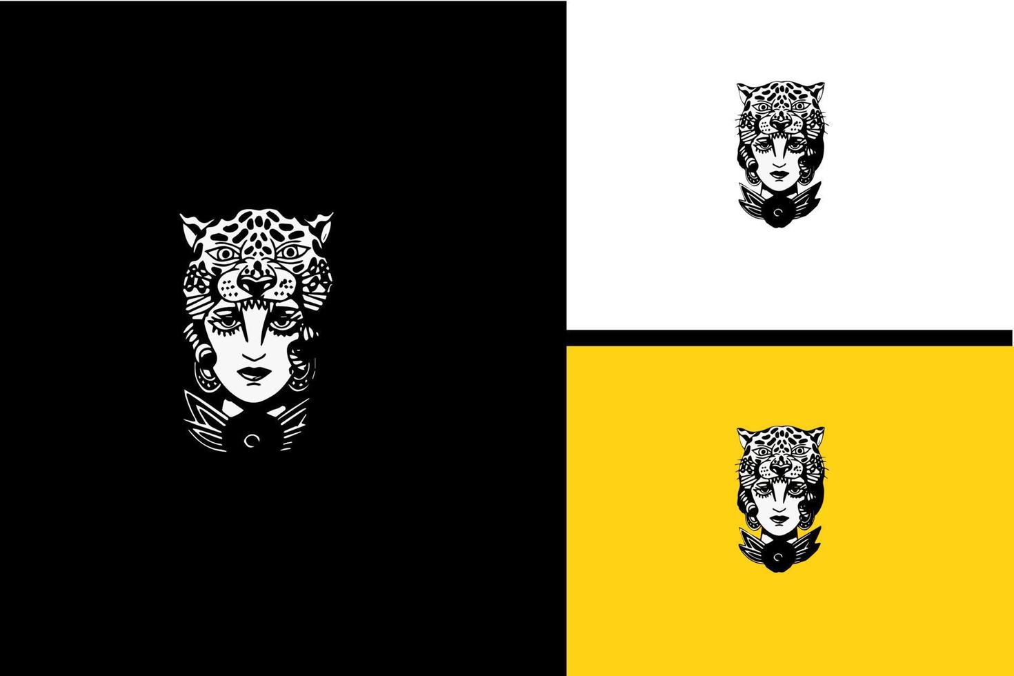 cabeza mujer y cabeza guepardo vector blanco y negro