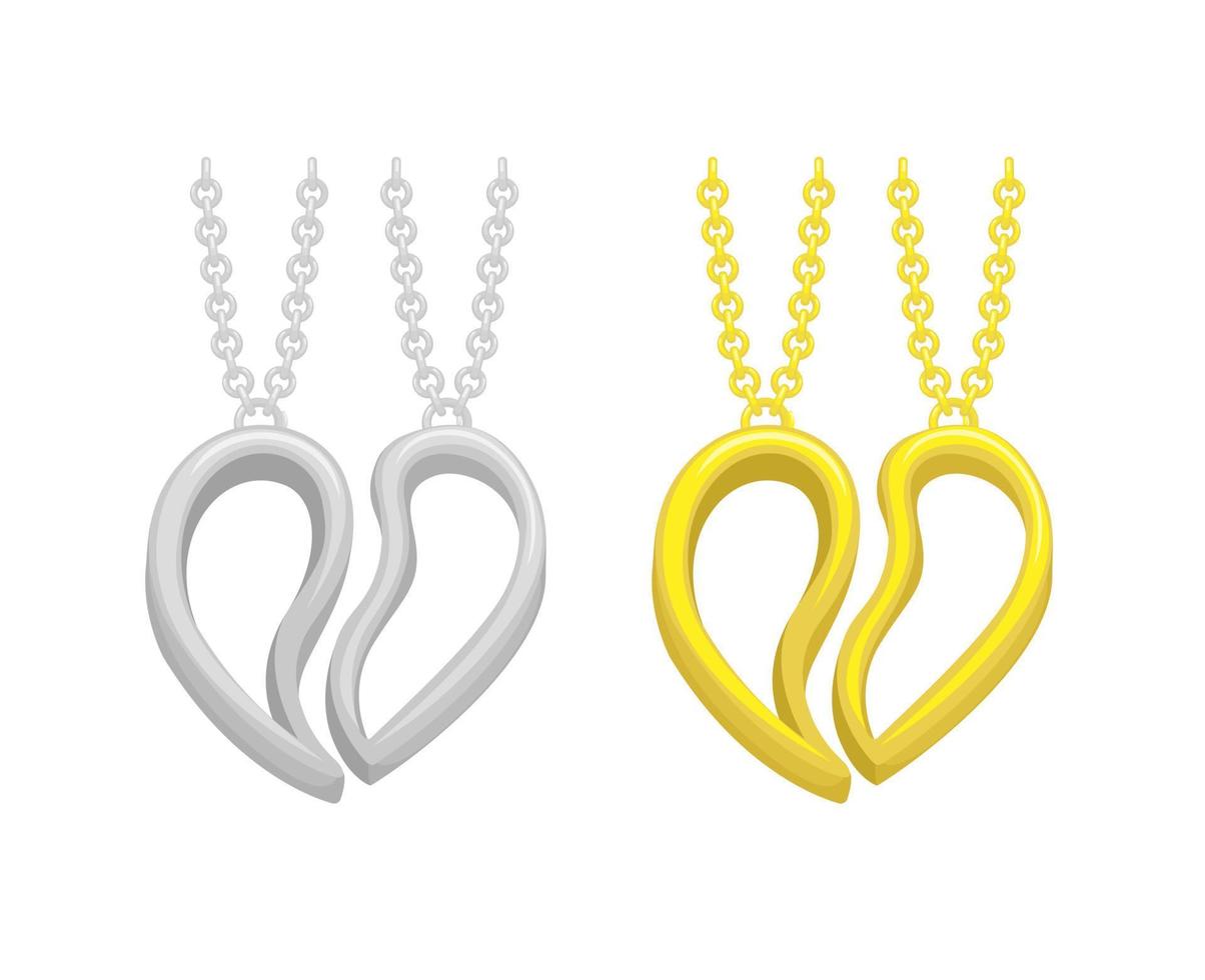 Couple necklace heart love in gold and silver symbol set illustration vector