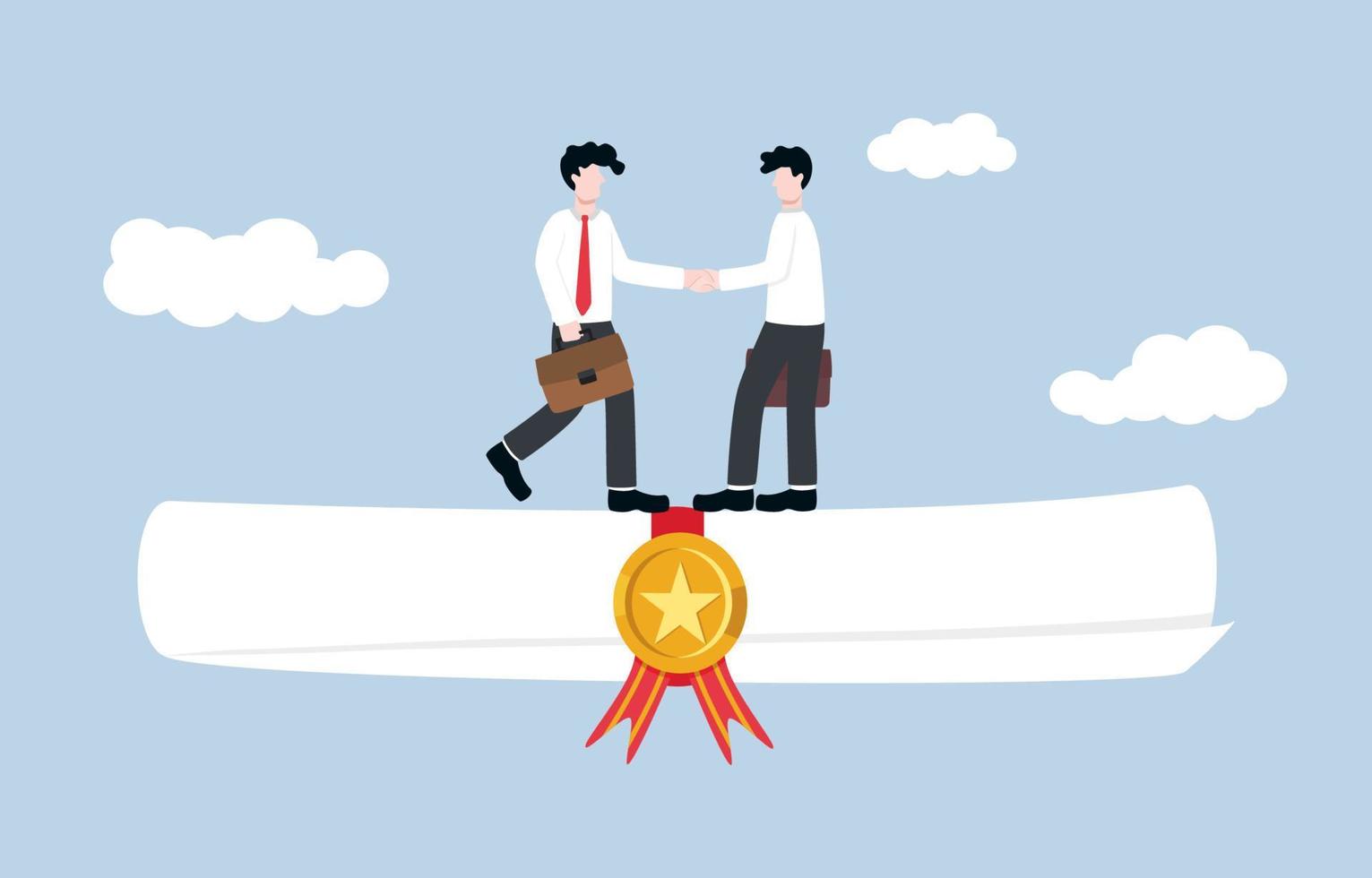 Having job certificate help to gain new contract more easily, work experience for trust in assigned task, cooperation concept. Experienced businessman handshake client on big job certificate. vector