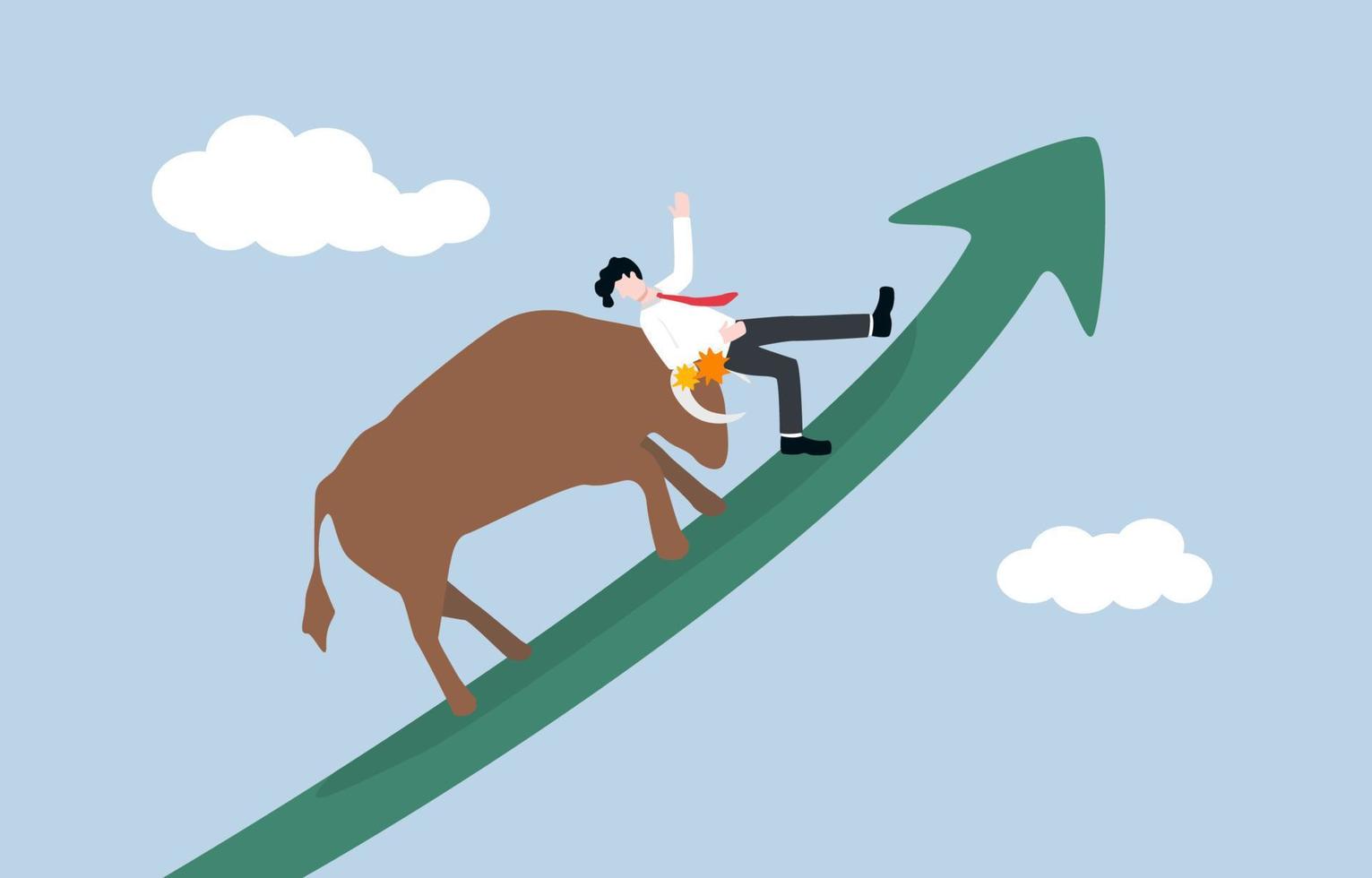 Loss in rising stock bull market, share price not move to expected price level, investment failure, mistake trading concept. Angry bull attacking businessman investor on green rising graph. vector
