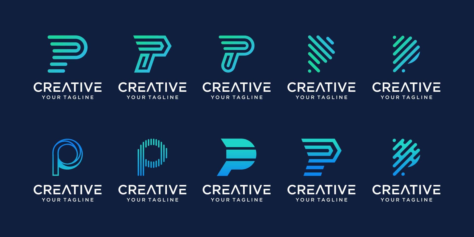 conjunto de plantilla de logotipo de letra inicial abstracta p. iconos para negocios de moda, digital, tecnología, vector