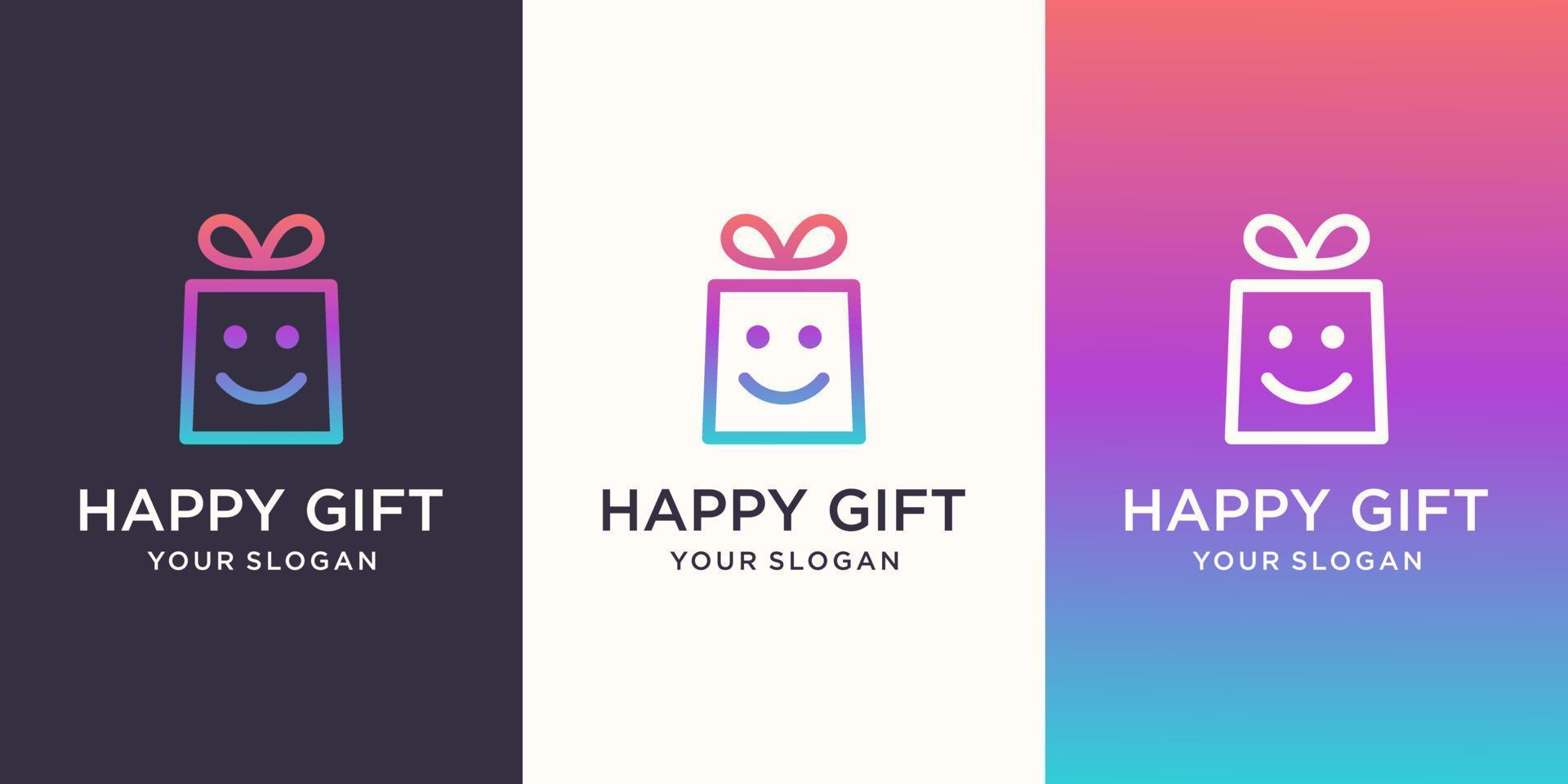 gift and face smile logo combination. Unique surprise and logotype design template vector