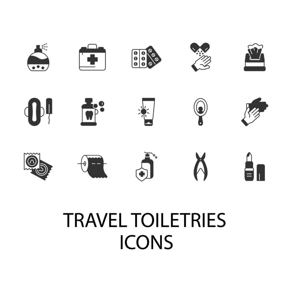 conjunto de iconos de artículos de tocador de viaje. elementos de vector de símbolo de paquete de artículos de tocador de viaje para web de infografía